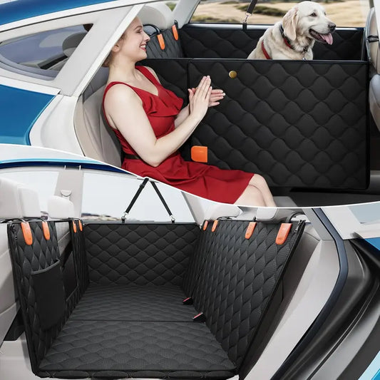 PETICON Convertible Dog Car Back Seat Extender - 10Mm Fabric, 6-Layer Structure, 400 Lbs Load-Bearing, Waterproof Shield, Mesh Window, Zipper Flap, Anti-Slip Hard Bottom, Anxiety Relief, Fur Capture, Damp Cloth Cleanable for Cars/Trucks