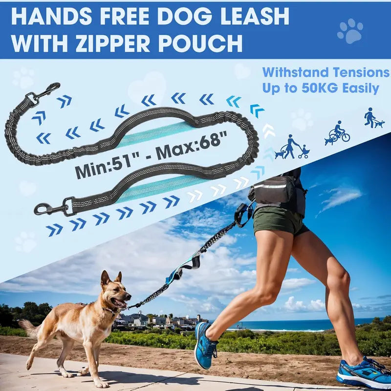 Hands Free Dog Leash with Zipper Pouch Dual Padded Handles and Durable Bungee for Walking Jogging Running Dog Pet