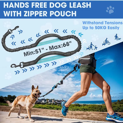 Hands Free Dog Leash with Zipper Pouch Dual Padded Handles and Durable Bungee for Walking Jogging Running Dog Pet