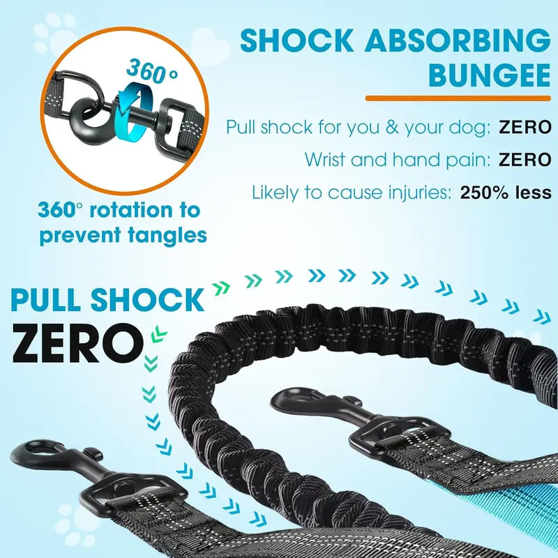 Hands Free Dog Leash with Zipper Pouch Dual Padded Handles and Durable Bungee for Walking Jogging Running Dog Pet