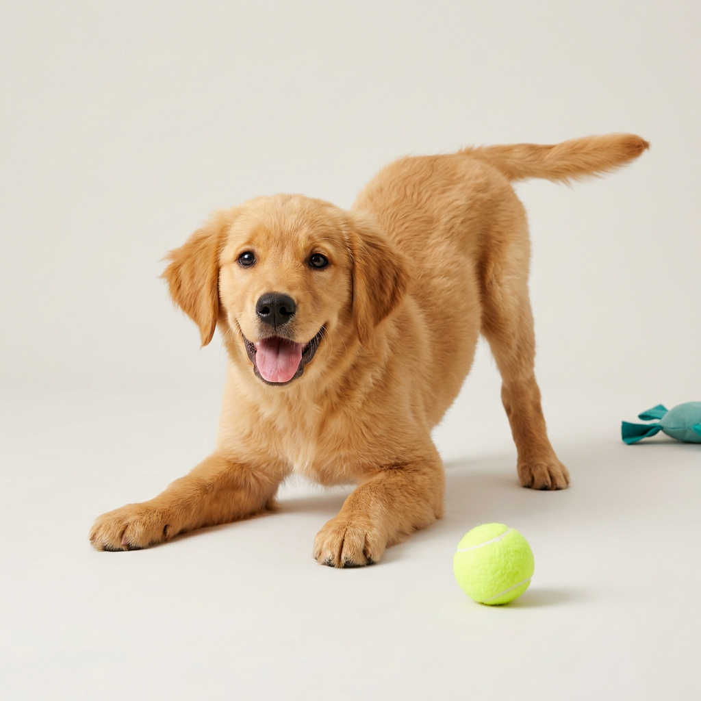 Square banner featuring a happy, playful dog